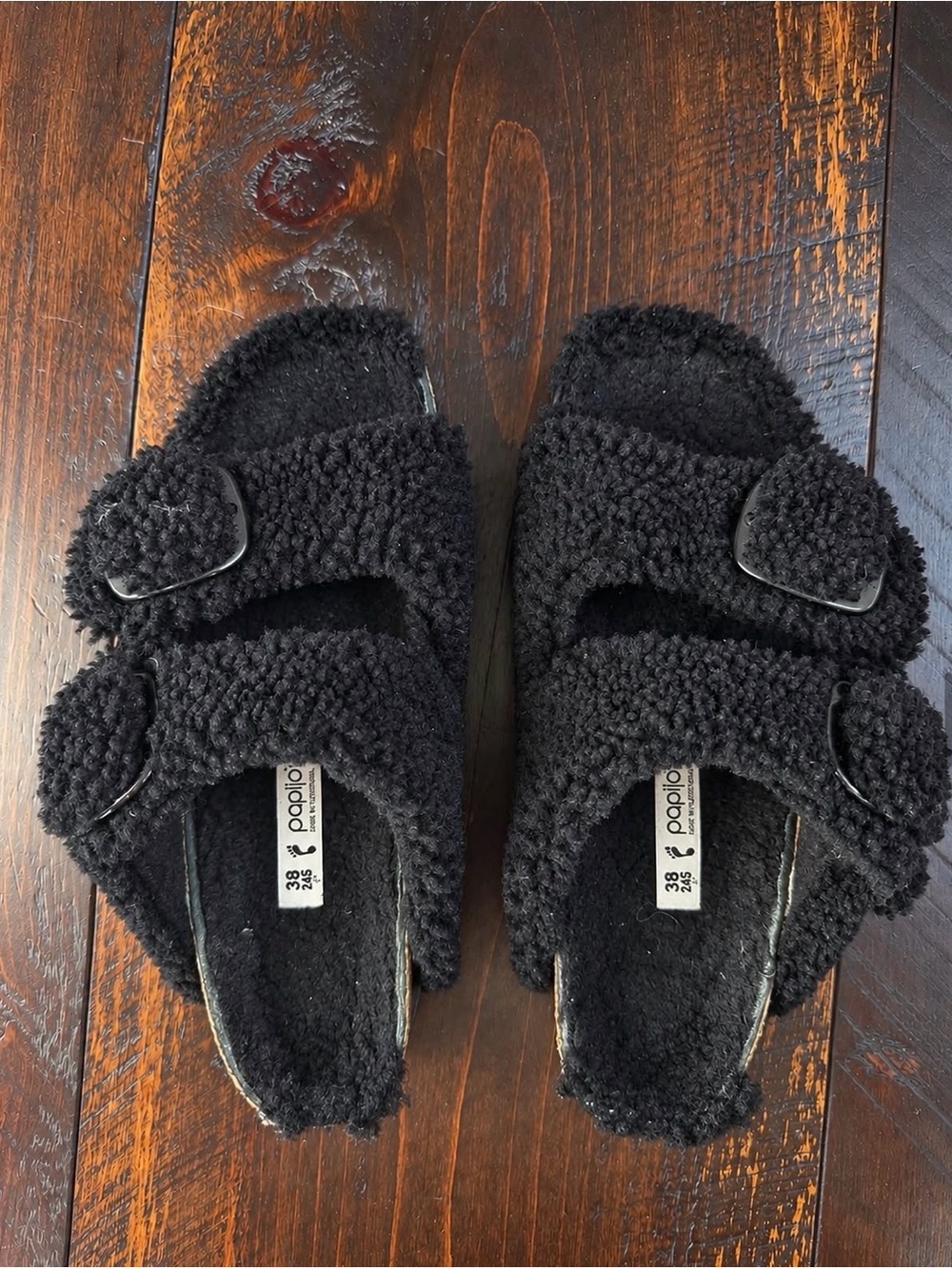 Birkenstock Black Sherpa Double-Buckle Slide Sandals